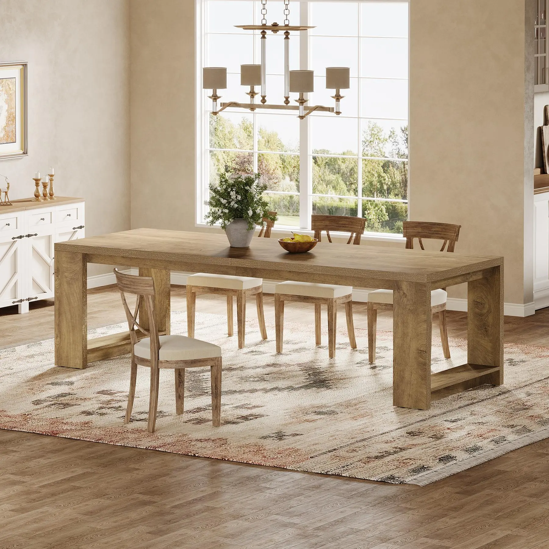 TRIBEWOOD Extra Long 86.61-Inch Wooden Tabletop Farmhouse Dining Table - MDF Wood, Natural Grain Narrow Pedestal Base Rectangular Indoor Table, Furniture for 6-8 People in Kitchen & Dining Room, 2-Person Desk Alternative