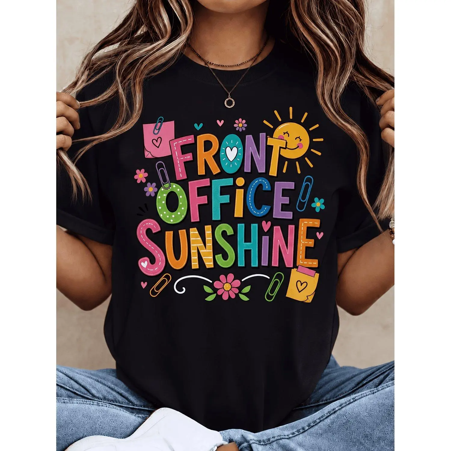 Women's Short-Sleeve Round-Neck Casual Fitted Graphic T-Shirt - Front Office Staff Uniform, Teacher/Secretary Gift, Back to School Apparel, Shortsleeve