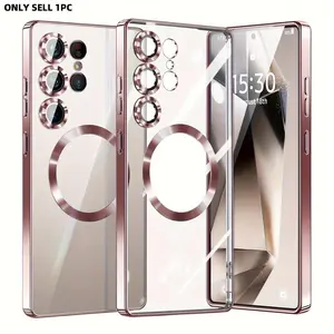 Suitable for Samsung Galaxy S26 Ultra, S25 Ultra, S25FE, S24, S23, S22 Ultra, Plus, Edge, Series Luxury Electroplated Transparent Wireless Charging Shockproof Phone Case with Lens Protection Film