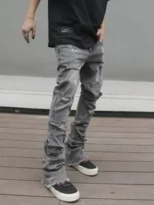 Men's Smoky Grey Destroyed Ripped Skinny Fit Flared Jeans, High Street Splatter Paint Distressed Slim Pants, Trendy Streetwear for Street Style & Photo OOTD