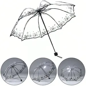 Transparent Three-Fold Umbrella for Women Students, Ideal for School Office Home Travel Use, Compact and Portable Rain Gear, Lightweight Umbrella