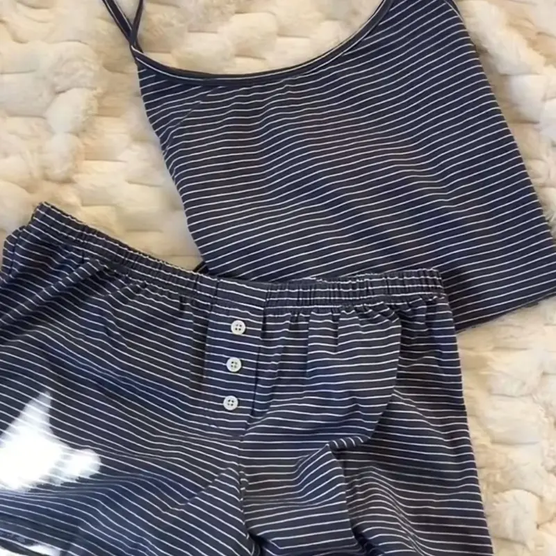 Striped Halter Shorts Set, Casual Chic French Striped Home Wear, Slim-Fit Cotton-Like Material, Ideal for Relaxing at Home, Friends' Gatherings