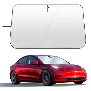 Tesla Model 3/Y Windshield Sunshade, Reflective Polyester Fiber Blocks Heat and Sunlight, Foldable Car Window Sun Visor, Rearview Mirror Cutout, Fade-Resistant Sunshade, UV Protective Sunshade, Tesla 3/Y Accessories, Car Sun Shades