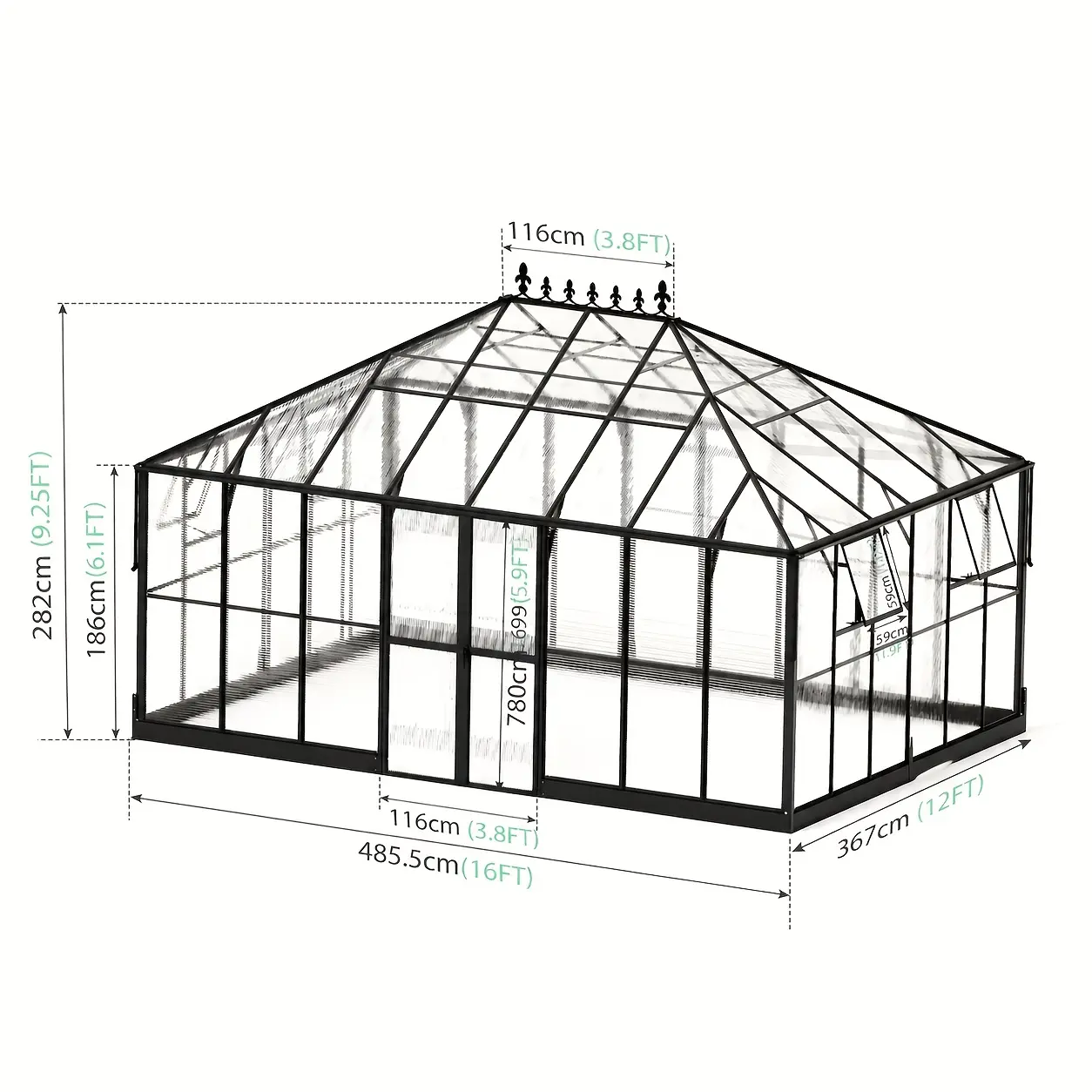 Premium 16x12x9.5ft Polycarbonate Greenhouse-6ft Wall Height Outdoor Aluminum Greenhouses with 2 Ventilation And Rain Gutter, Double Doors with Hook, Walk-in Greenhouse for Backyard Garden