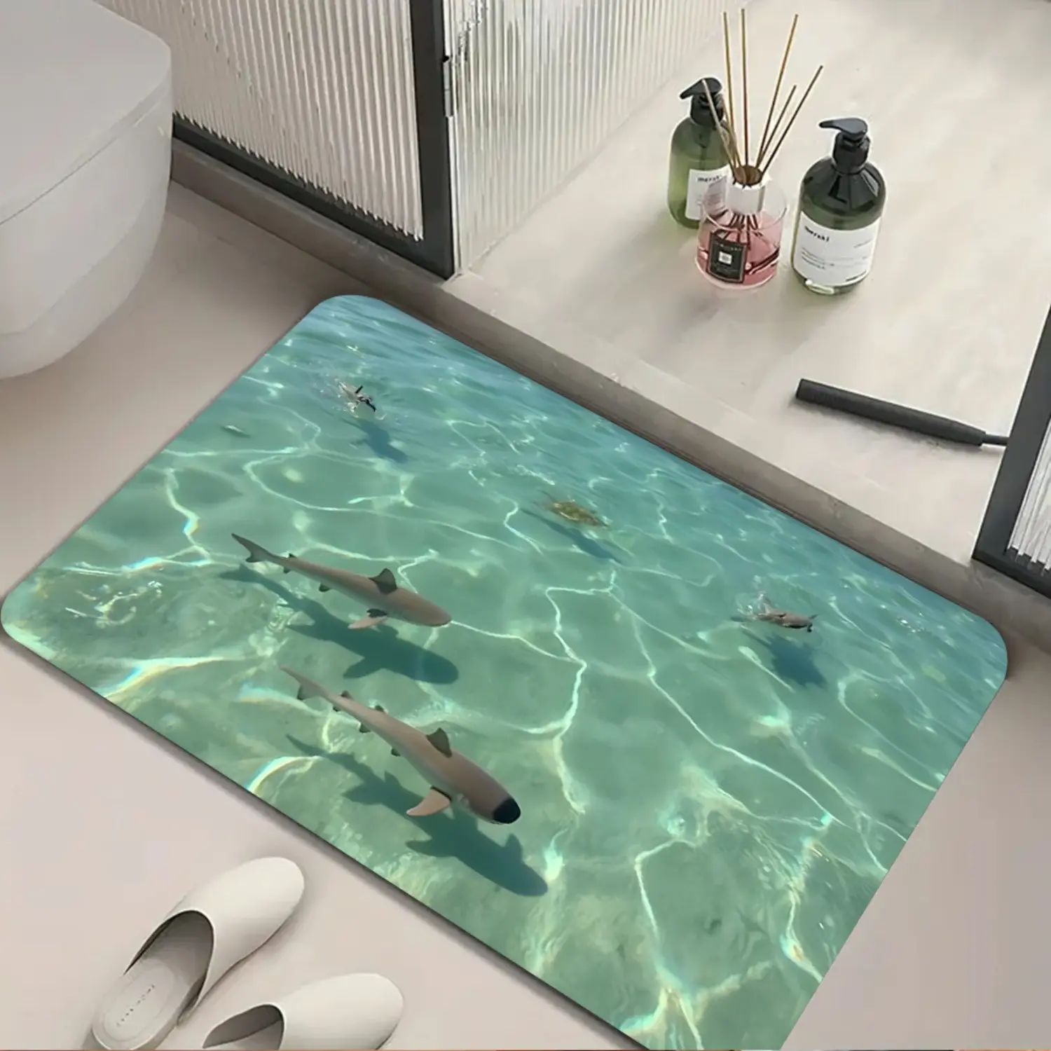 Ocean Shark Bath Mat Non-Slip Quick-Dry Soft Stone Bath Mat with Anti-Slip Backing, Fast Absorbing Shower Floor Mat for Bathroom, Kitchen, Laundry - Easy Clean Bath Decor in Turquoise Ocean Sharks Design rug , Bath Mats for Bathroom