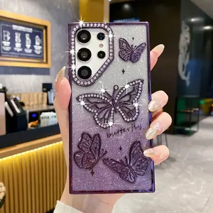 Women Girl's Diamond Butterfly Protective Phone Case Casing For Samsung S23 S24 FE S26 S25 Ultra S25 Plus A16 5G Transparent Plating Soft Cover Accessories