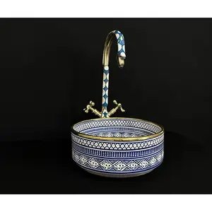 Hand-Painted Blue Ceramic Vessel Sink & Brass Faucet with Blue Resin and Bone Inlay