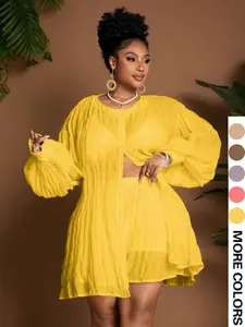 Women's Plus Size Shorts Set, Bubble Sleeve Design with Button Front, Textured Wrinkled Fabric, Lightweight Breathable, Everyday Spring Summer Vacation