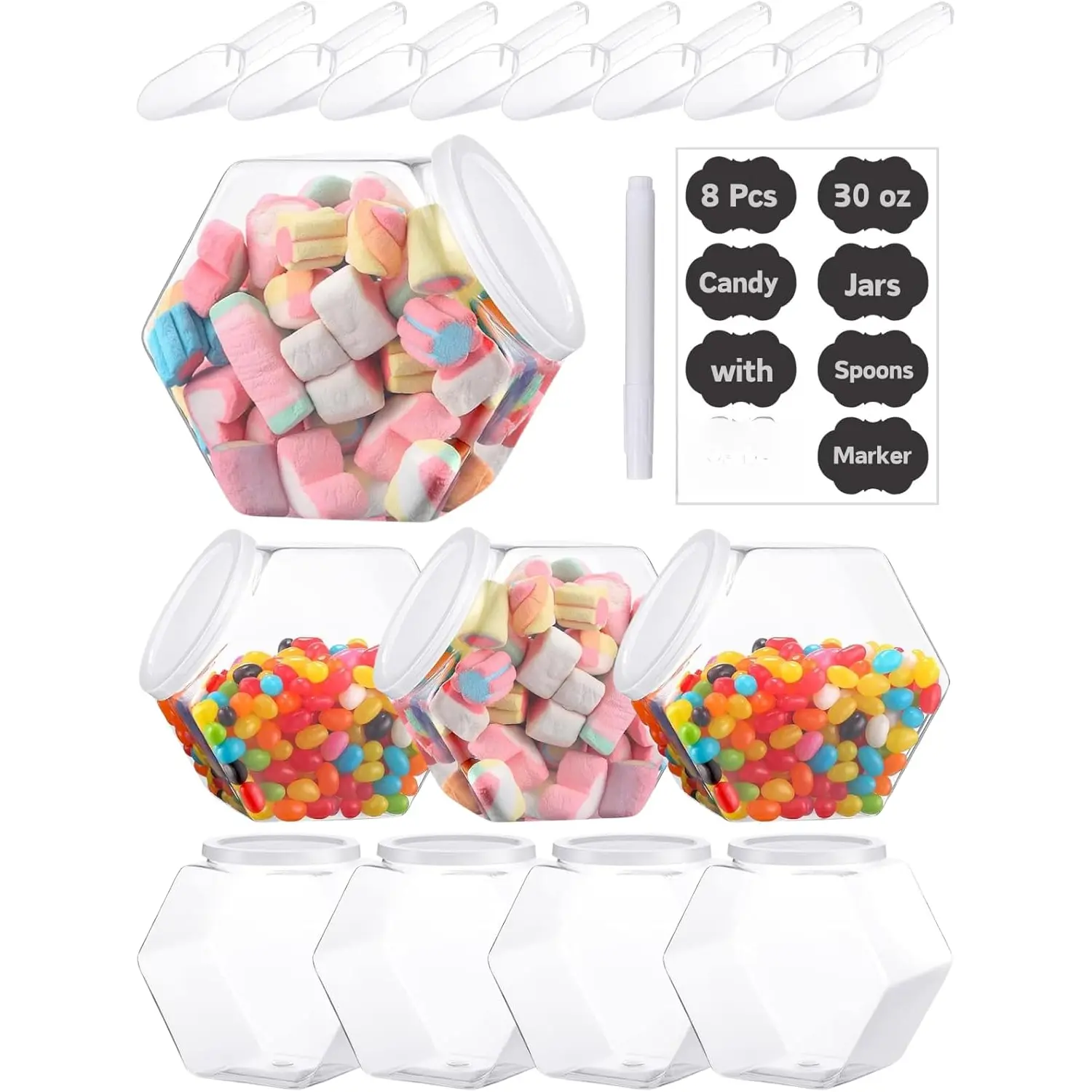 8 count Plastic Candy Jars 30oz with 8 count Spoons & Label Stickers, 1 Pen, Hexagon Candy Containers with Airtight Lids for Candy Buffet, Kitchen Storage Containers Set