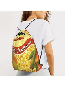 1 printed drawstring backpack, Lamian Noodles soup beef flavor backpack rope bag tied beach bag portable sports fitness leisure backpack suitable for travel shopping sports yoga