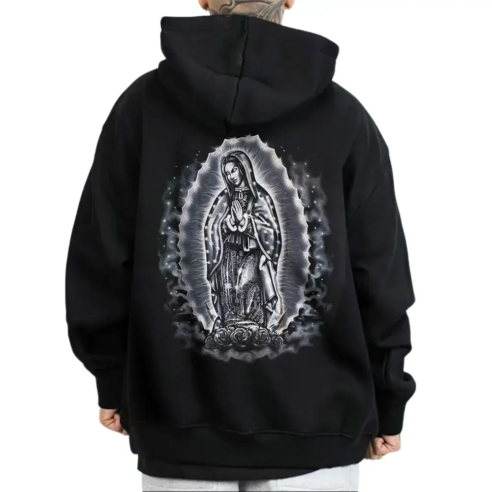 Our Lady Of Guadalupe Virgin Mary Rose Flower Pray Virgen Unisex Hoodie T-Shirt Sweatshirts Basic Fabric Street Style Chicano Style, Mexico Clothings Outfit Streetwear Lowrider Gangsta