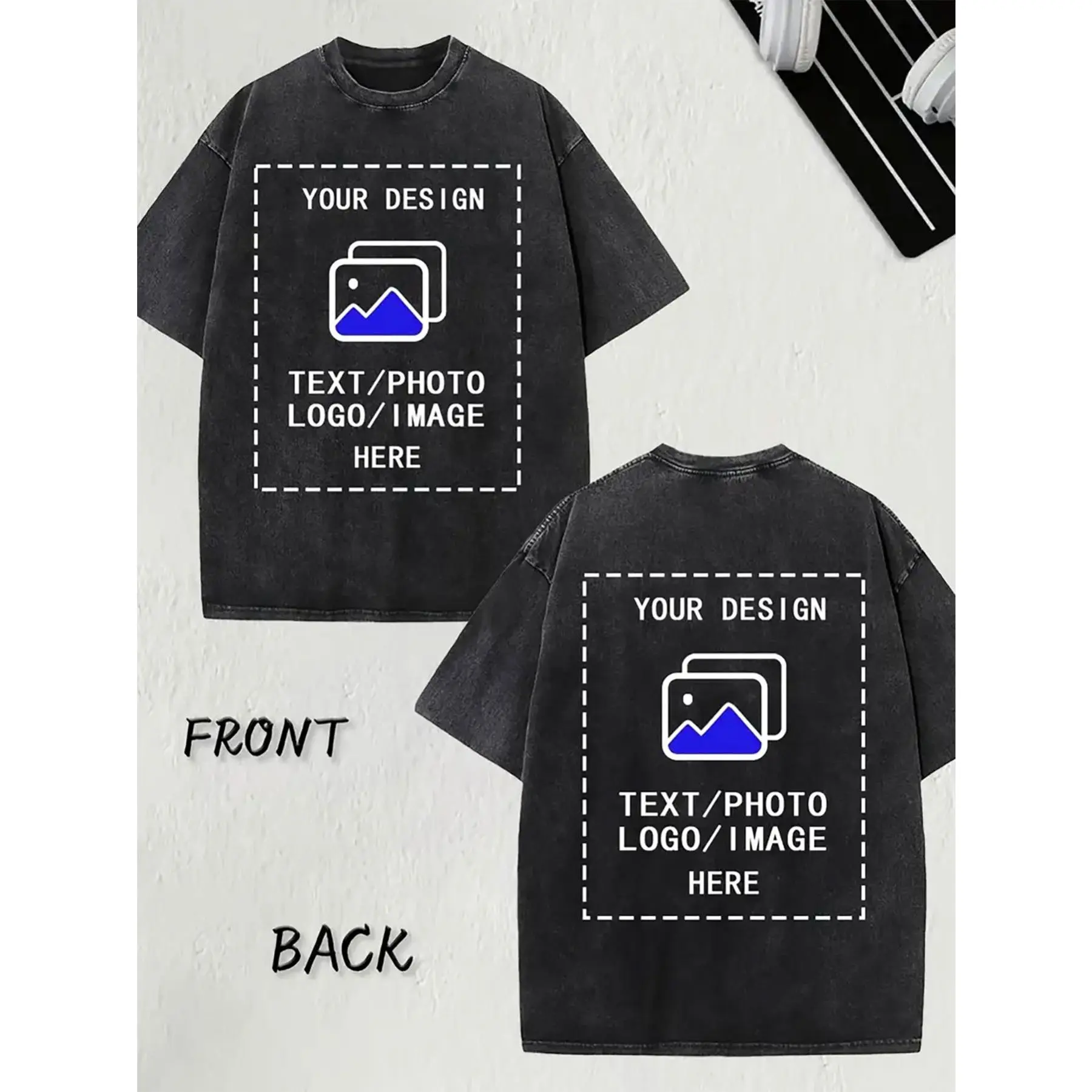 Customized Double-sided Retro Washed Cotton T-shirt - Front and Back Printed Photos/ Logos/ Patterns, Geometric Pattern Loose Short Sleeved Summer T-shirt, Family Activities, Birthdays and Commemorative Shirts