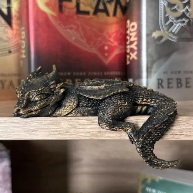 Handmade 3D Printed Magical Sleeping Dragon Book Nook - Artistic Antique Gold Animal Miniature Figurine, Home Supplies, Bookshelf Decor, Room Ornament Gift for Home Office, Fourth Wing Fan Gift