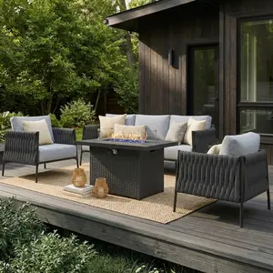 【3 Packages Shipping】LayinSun 4 Piece Outdoor Furniture Set with Fire Pit Table, Modern Rope Woven Patio Conversation Sofa Set with Olefin Braid and Deep Seating