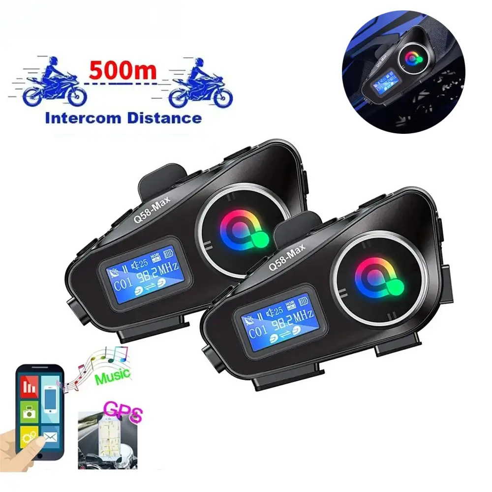 Q58-Max Motorcycle Helmet Bluetooth Intercom Headset, 1000mAh, Automatic, 25H Playtime, 480H Standby, 500M Group Intercom Range, LCD Display, 2-Rider Music Share, LED Light, Motorcycle Accessory
