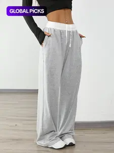 Women's Colorblock Drawstring Waist Sports Jogger Pants, Workout Casual Baggy Sweatpants, Sporty Pocket Design Wide Leg Trousers for Daily Wear, Ladies Sportswear for All Seasons