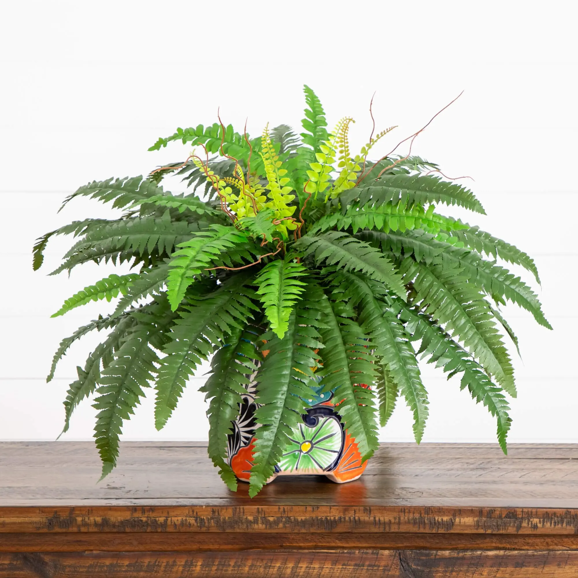 21in Colored Synthetic Boston Fern Artificial Plant - Handcrafted Mexican Talavera Ceramic Planter, Bendable Botanical Aesthetic Decor, Artificial Flower Decoration for Room Plant Decor