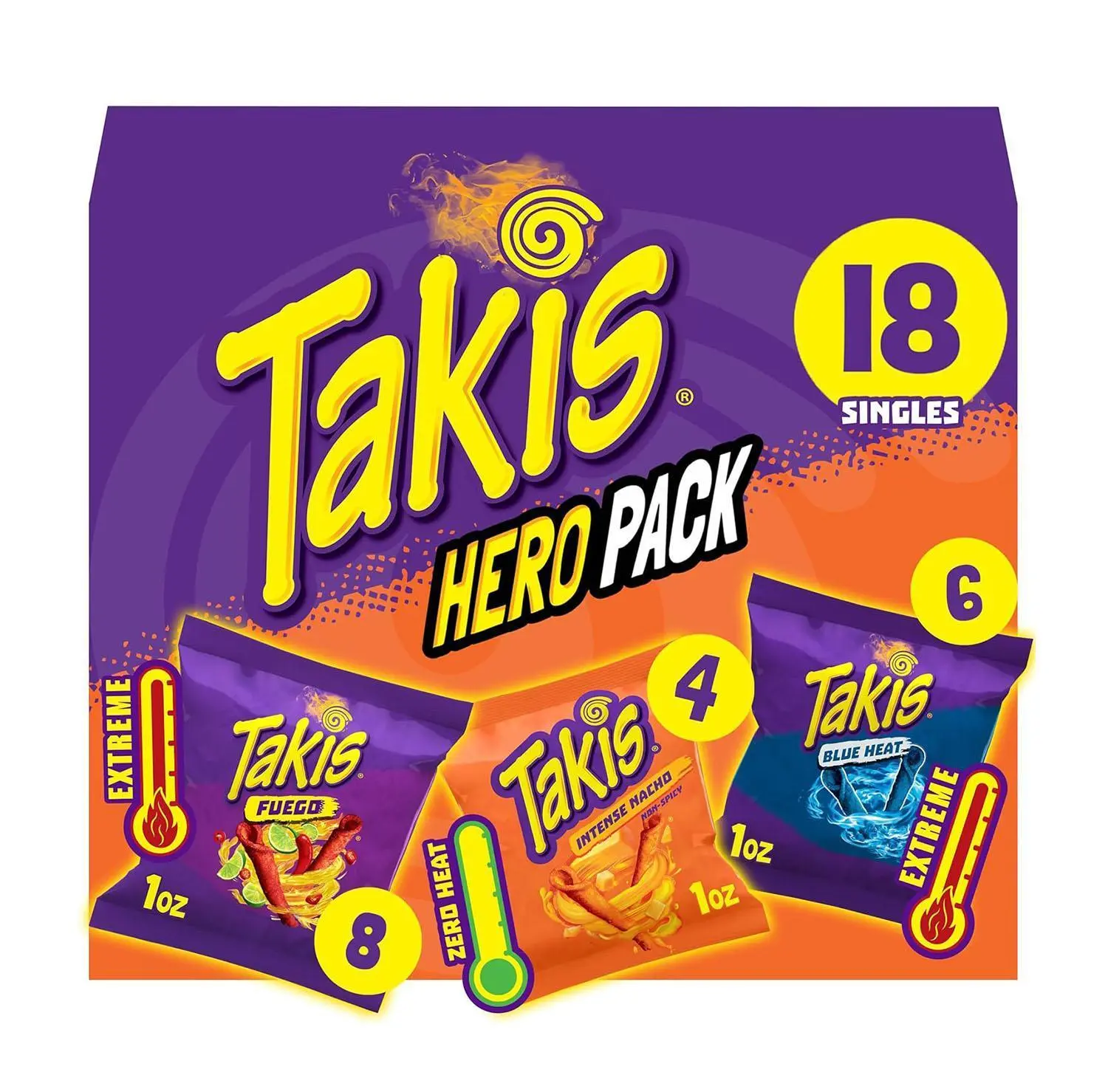 Takis 18 pc / 1 oz Hero Variety Pack, Assorted Flavored Mixed Rolled Tortilla Chips – (8) Fuego, (6) Blue Heat, (4) Intense Nacho