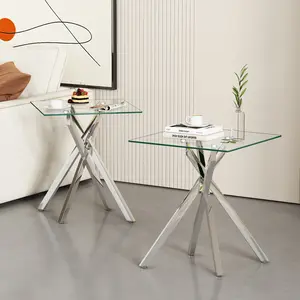 2-Piece Square Tempered Glass Side Table | 17.72" Clear Coffee Table with Silver Legs for Sofa/Bedroom table Furniture Criss Cross Modern Night Stands