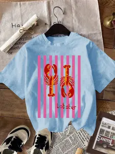 Women's Lobster Print Round Neck Tee, Fashion Casual Crew Neck T-Shirt for Daily Holiday Vacation Outdoor Wear, Ladies Clothes for Summer, Top