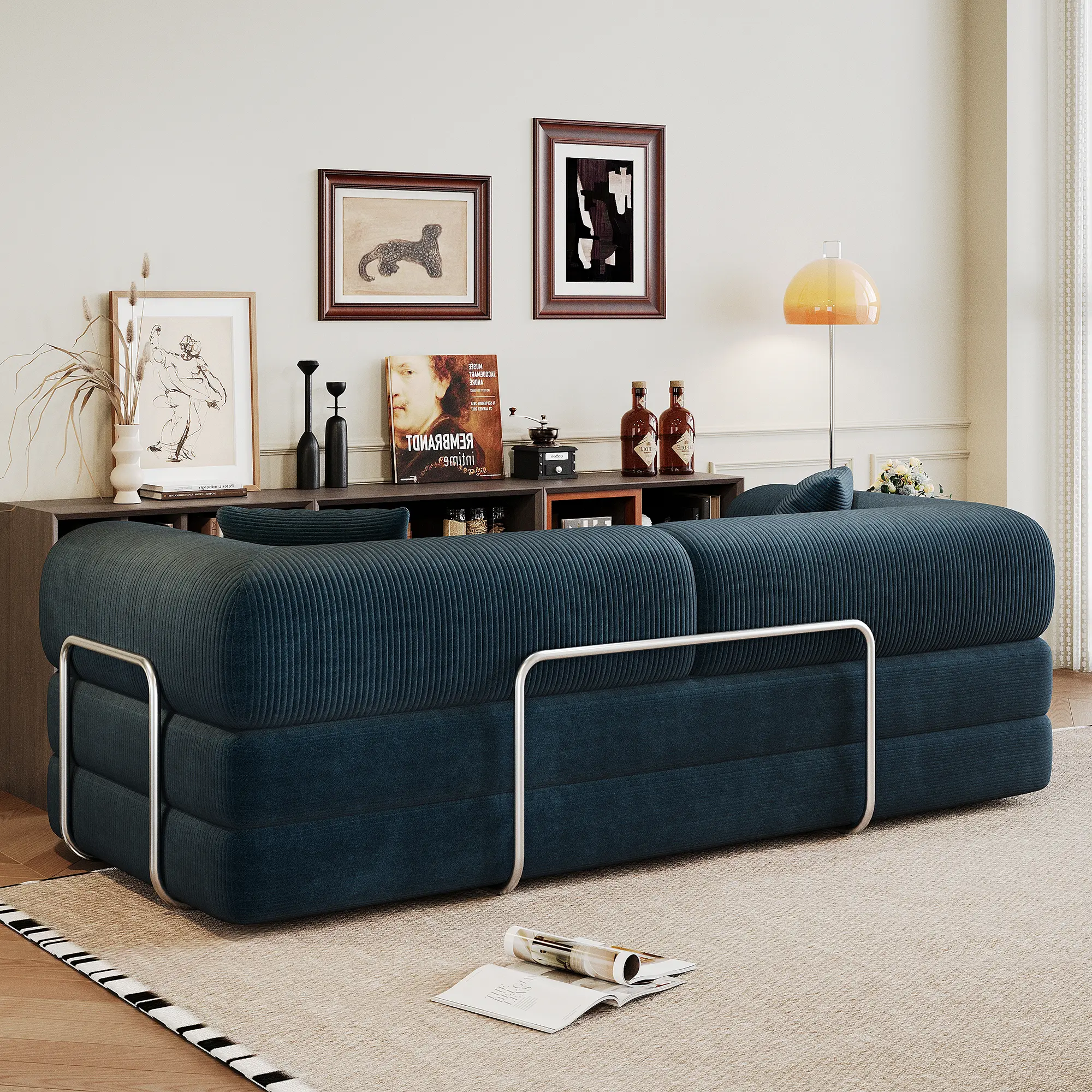 78.8" Blue Corduroy Convertible Sofa Bed, Compression Floor Sofa Couch with Pillow Back Support & Armrests, Comfy Futon Sleeper Loveseat, Boneless Modular Sectional Sofa for Living Room Bedroom Apartment