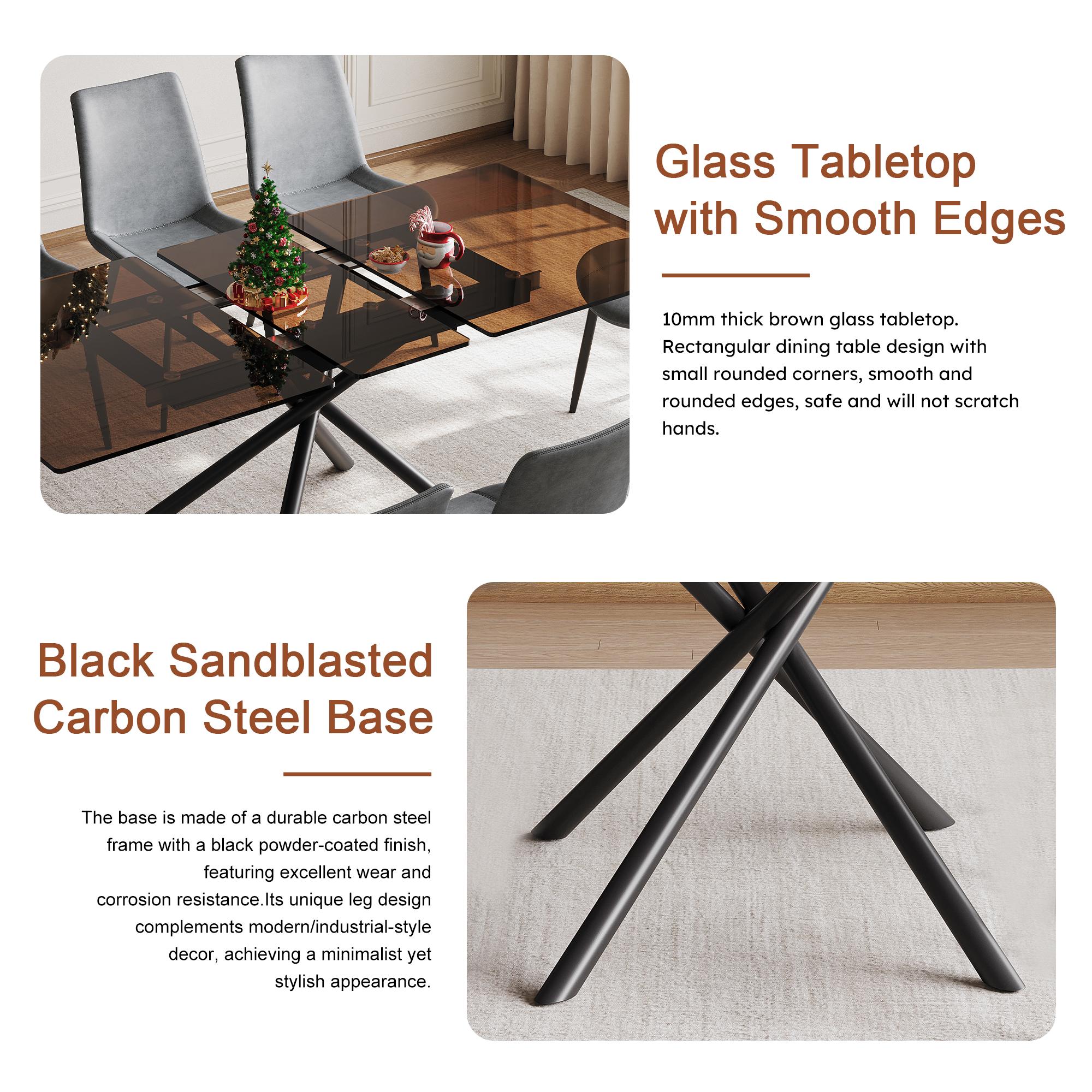 59" Expandable Modern Dining Table with Retractable Leaf, Space Saving Glass Top & Steel X-Base for Small Kitchen Apartment, Dark Brown