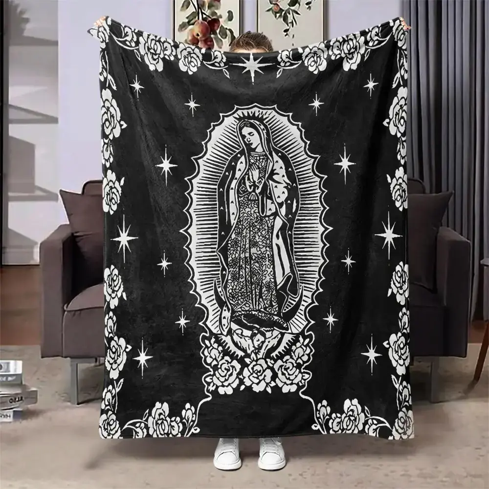 Virgin Mary Religious Art Flannel Blanket, Catholic Prayer Throw for Peaceful Bedrooms, Soft Marian Artwork Cover for Sofa Naps, Home Altar Corners, Church Family Rooms & Faith Gift for Women, Moms and Believers
