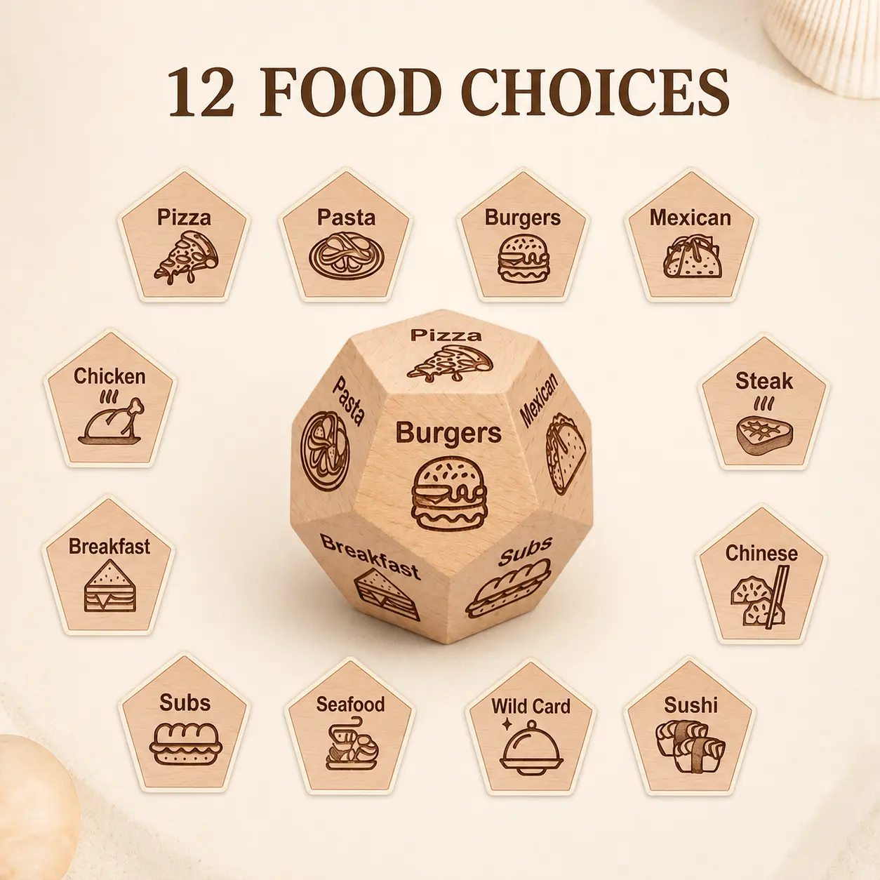 Date Night Food Polyhedral Dice  - Personalized Dice with 12 Food Choices - Perfect for Valentine's Day, Anniversary, Christmas, and Birthday Gifts - Funny Choose Delicious Food Gift for Him and Her