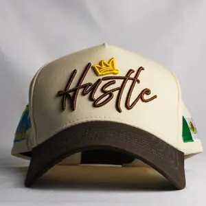 Hustle 5 Panel Cap Brown with Gold Crown Design and Colorful Embellishments