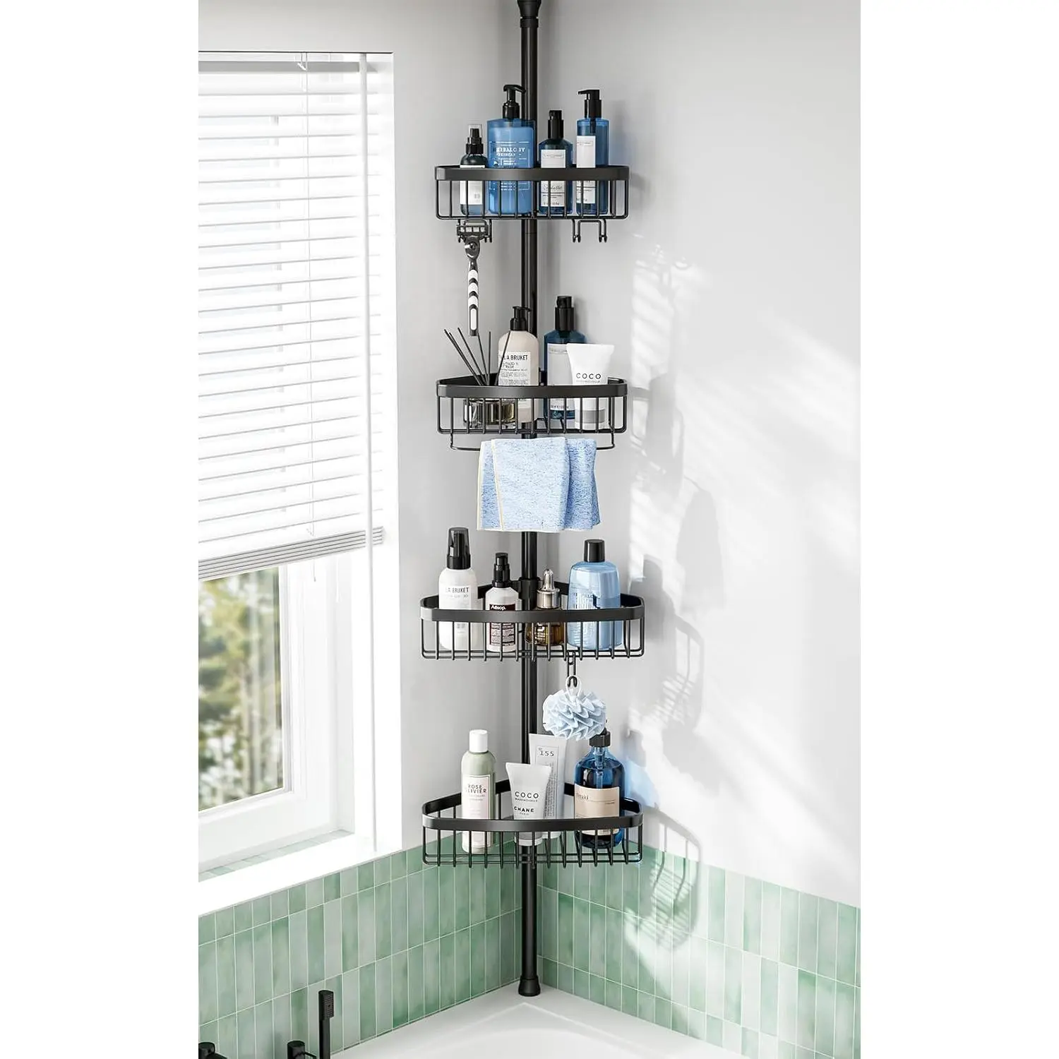 JX Habitat Corner Mount Tension Pole Shower Shelf - Adjustable Rustproof Steel 4-Tier Bathtub Accessory, 121-Inch Floor Standing Bathroom Organizer for Shampoo Storage, Quick Installation, Black