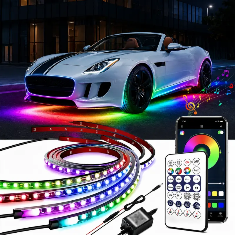 Smart RGB Underglow LED Lights for Cars Kit - 12V DC Exterior Light Tubes, App & RF Remote Control, IP67 Waterproof, 16M Color-Changing Strips, Music Sync, Universal Fit for Automobiles/Truck Mods