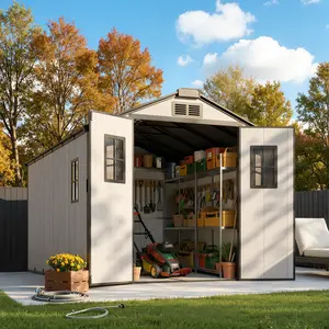 【Summer Vibes】Ovios Resin Outdoor Storage Shed With Floor (8 x 8 Ft), Patio Storage Cabinet with Vents and 4 Windows Weather Resistant Grey Organization for Home/Backyard/Garden Tools/Lawn Mower/Bike Storage/Pool Supplies