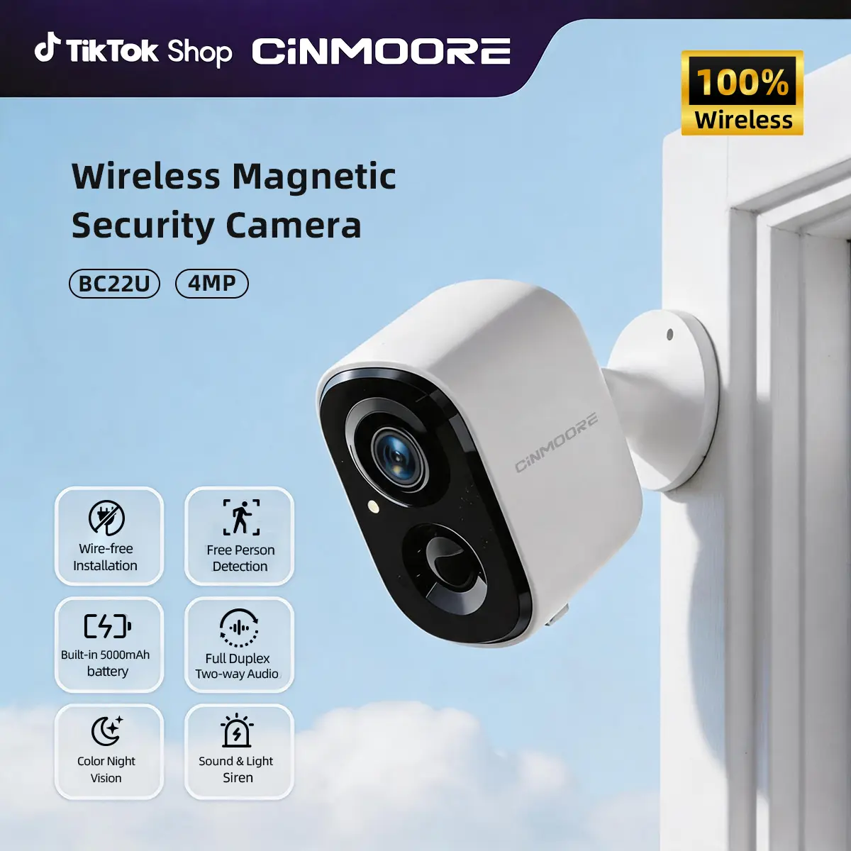 CINMOORE Wireless Smart Security Camera Indoor/Outdoor/Garage Camera, 2.5K QHD, Rechargeable Magnetic Installation, Color Night Vision, Free Local AI Motion/Person Detection Spotlight & Siren, 2-Way Audio Speaker, IP65 Weatherproof, App Remote Monitoring