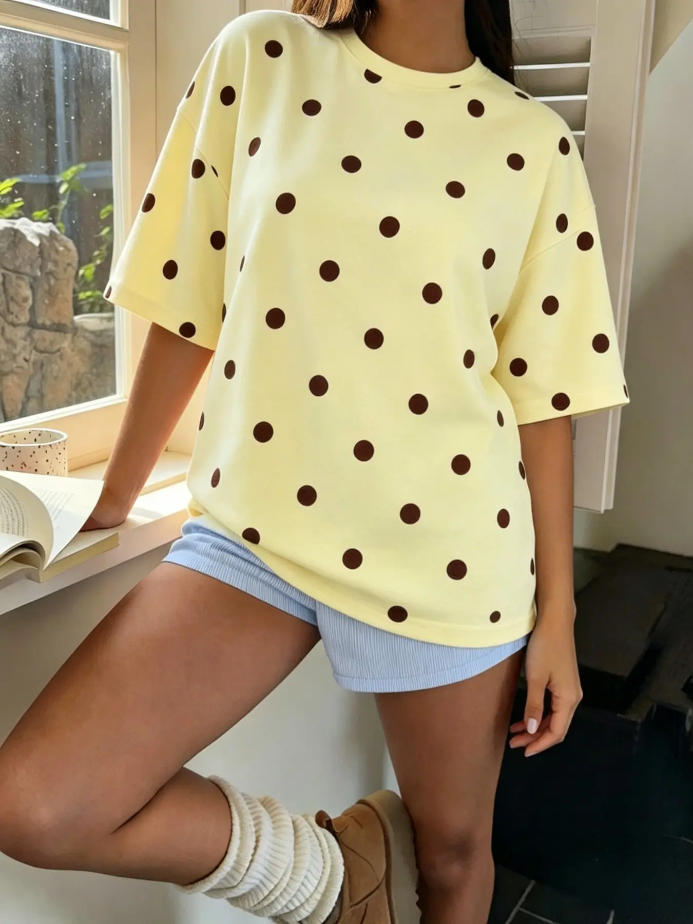 Women's Polka Dot Crew Neck Oversized T-Shirt, Casual Summer Streetwear Top, Loose Fit Going Out Tee, Boho Trendy Vacation Outfit for Women