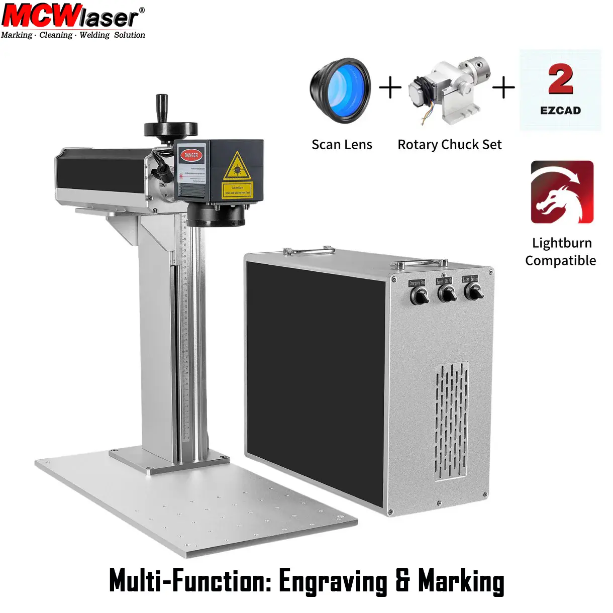 MCWlaser MP 60W/100W Split Fiber Laser Engraver with D80 Rotary, MOPA M7 Source & 8.7" Work Area, High-Speed Metal Marking for Industrial Workshops.