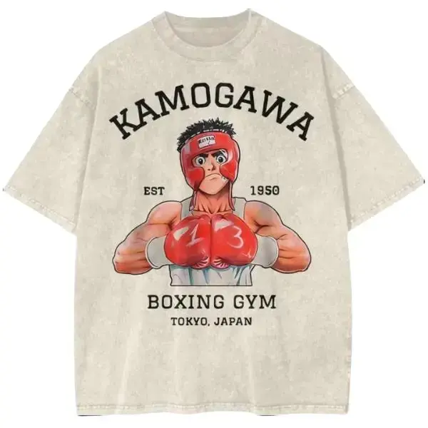Menswear Hajime no Ippo T-Shirt, Vintage Oversized Graphic Top in Soft Heavyweight Cotton, Kamogawa Boxing Gym Anime Art