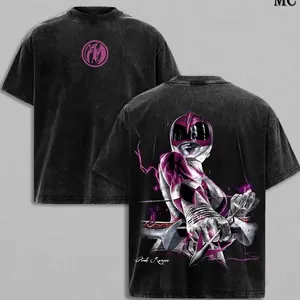 Pink Ranger Retro Morphing Style, Power Squad Washed T-Shirt, Vintage Heroic Tee, Neon Armor Aesthetic Design, Oversize Streetwear Shirt, 90s Sentai Nostalgia Graphic Tee, Fearless Warrior Energy Apparel IN1