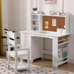 Kids Study Desk and Chair Set, Features Bookshelf, Bulletin Board, and Cabinets