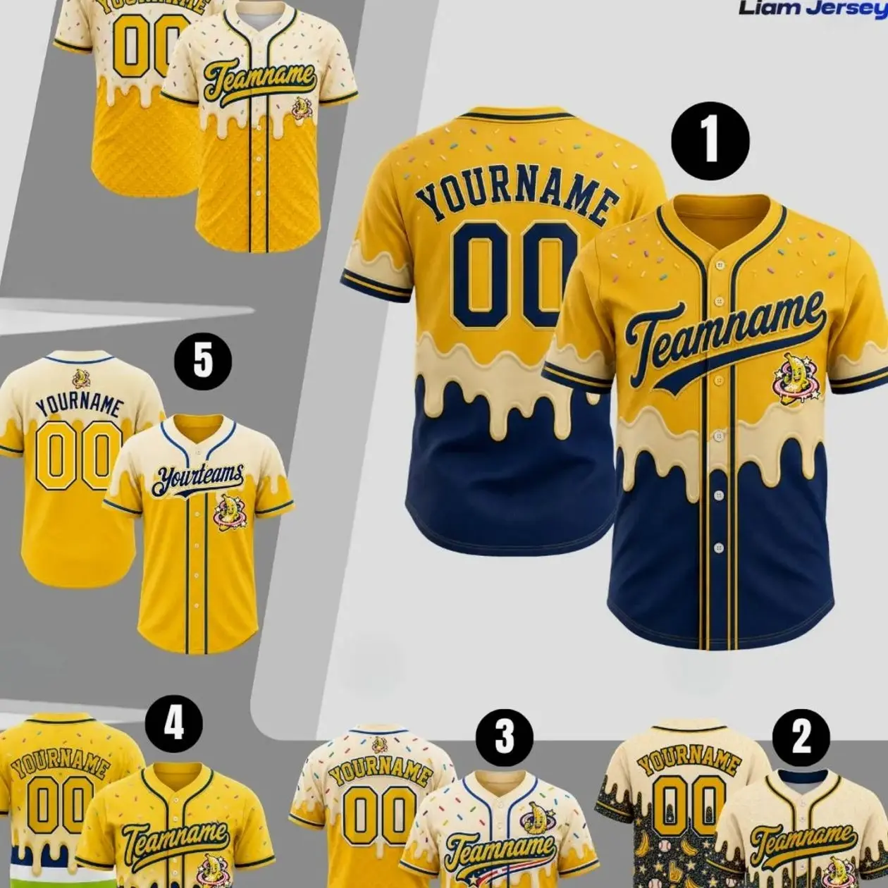 Custom Banana Ice Cream Drip Baseball Jersey For Kid Youth Men Women, Personalized Name Number Logo Yellow Blue Dripping Softball Shirt Gift