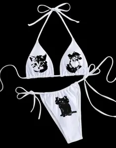 Bite Me Cat Bikini – White Triangle Bikini with Black Kitten Print | Edgy Y2K Swimwear