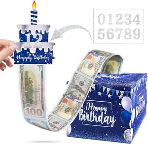 [New Deal] 100Pcs Birthday Money Pull Box for Cash Gift with DIY Self-Adhesive Stickers for Any Age, Happy Birthday Money Box Blue Surprise Gifts