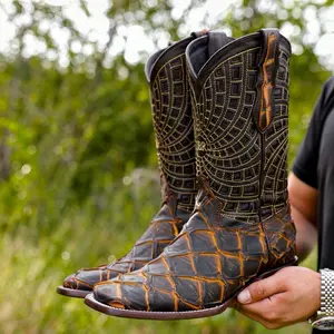 Matte Rustic Black/Honey Pirarucu Leather Boots - Square Toe