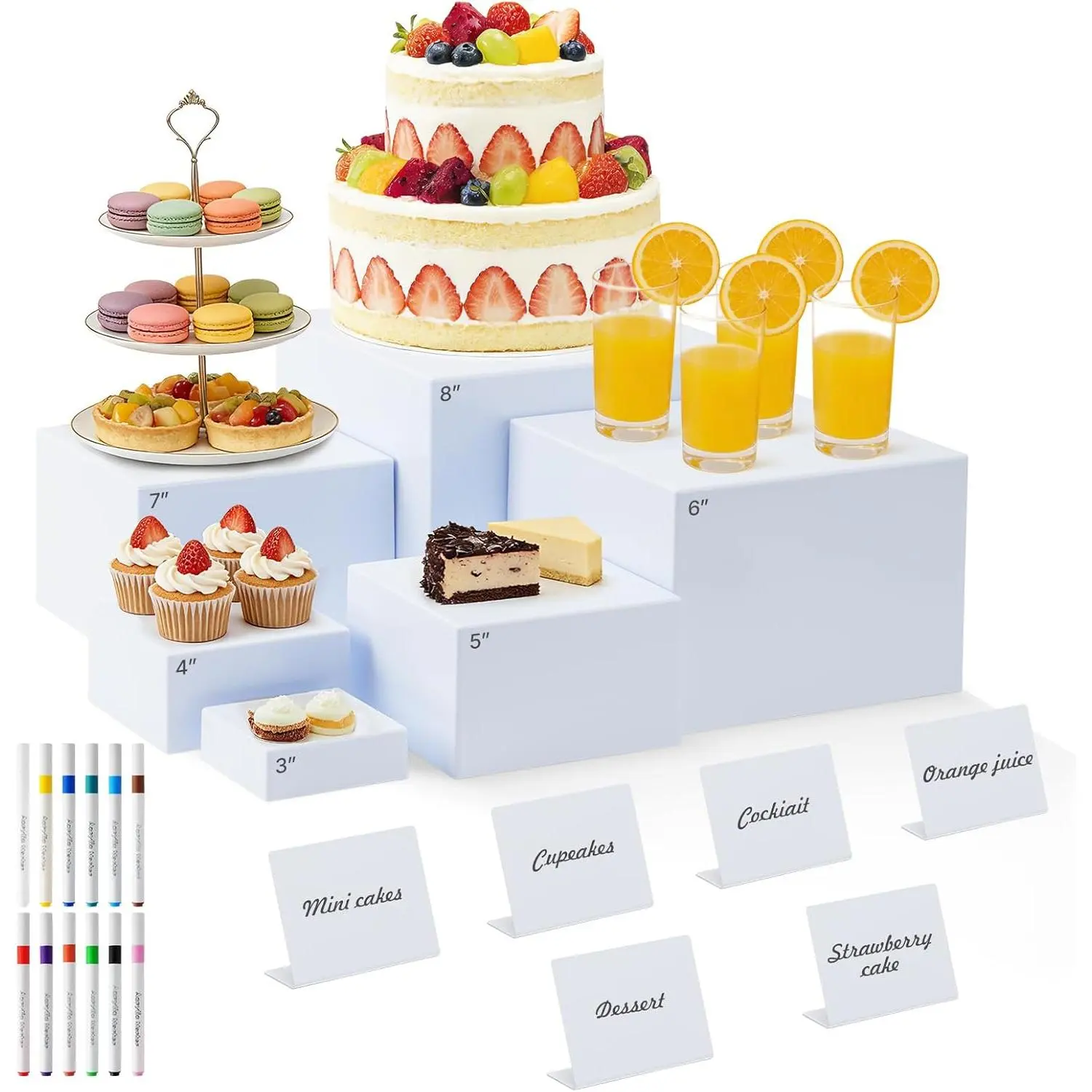 6-Pcs White Nestable Acrylic Buffet Risers with Signs & Markers - Sturdy, Stackable, Space-Saving Cubes (8in,7in,6in,5in,4in,3in) for Home Decor, Party Dessert Displays