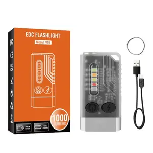 V10 LED Mini Flashlight USB Rechargeable 1000 Lumens IPX4 EDC Flashlight UV Light with Buzzer Alarm Suitable for Camping and Emergencies