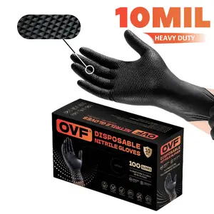 OVF Heavyweight Thick Nitrile Gloves, 100 per box; non-slip diamond texture, thickened nitrile material; black, wear-resistant, orange anti-puncture; suitable for auto repair cleaning, industrial cooking, tattoos, beauty, and hairstyling hand protection g