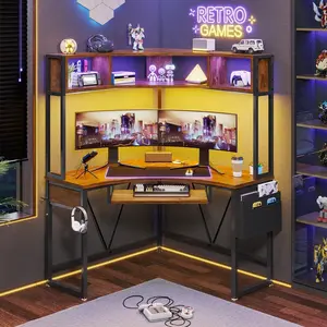 Sikaic Triangle Corner Small LED Computer Desk With Hutch Keyboard Tray Storage Bag And Headphone Hook Furniture Shelf Monitor Arm Wood Workstation