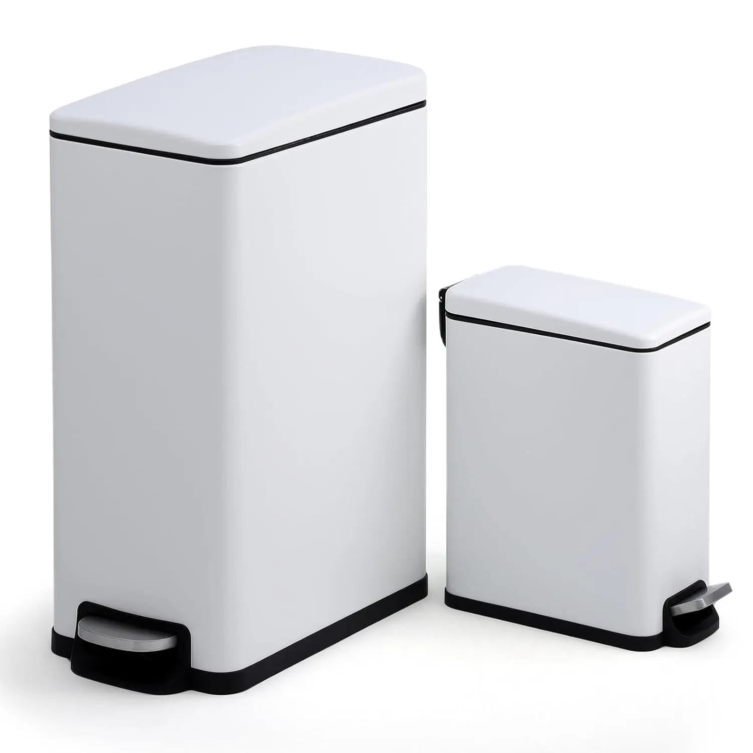 Slim Rust-Resist Stainless Steel Kitchen Trash Can Bundle - 12 Gal + 2.6 Gal Foot Pedal Bins with Soft-Close Lid, Removable Inner Bucket, Bag Holder, Fingerprint-Proof, Dog-Proof Design for Home, Bathroom, White