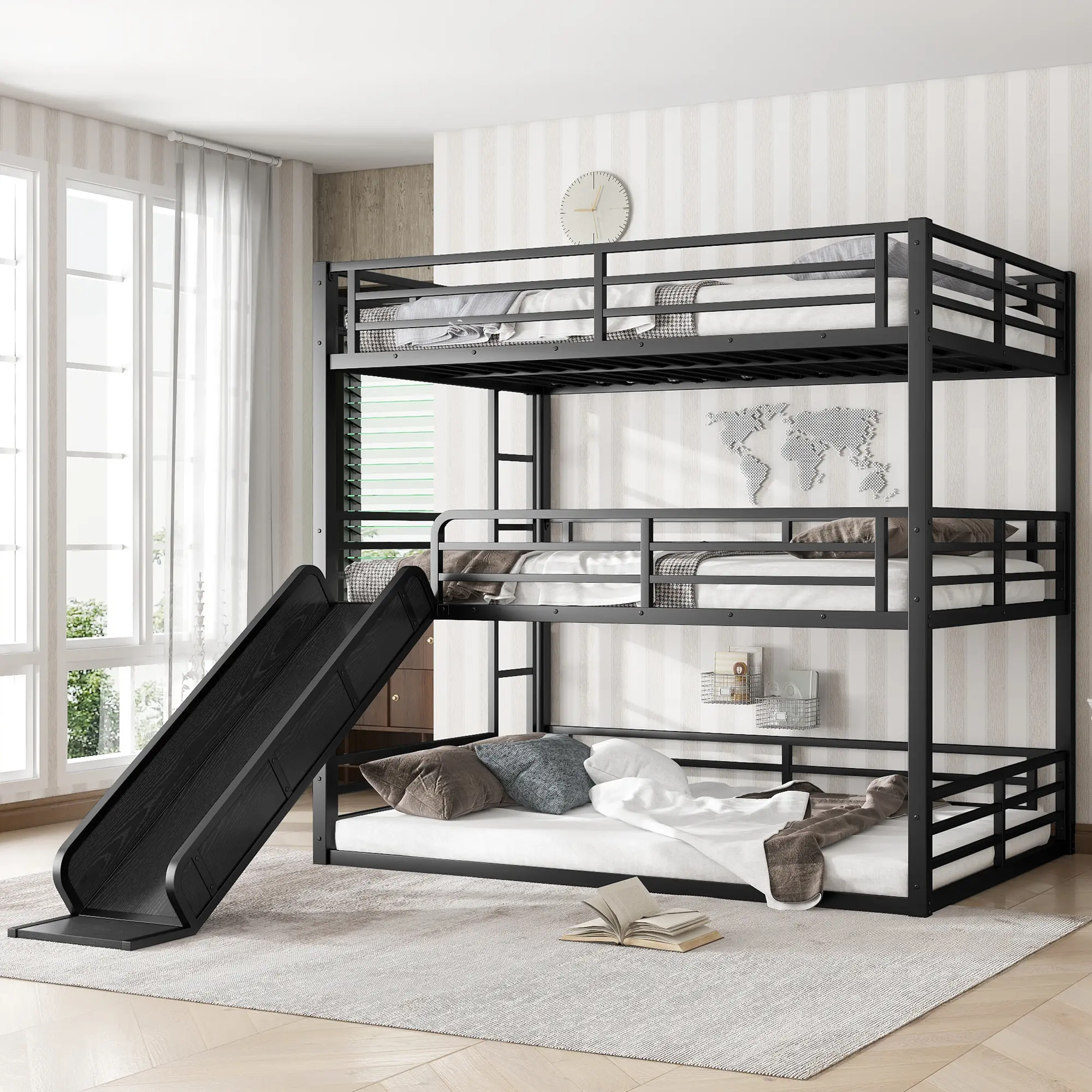 Bellemave Metal Triple Bunk Bed Frame - 3-Level Design with Slide, Safety Rails, Noise-Reduced Structure, Black Apartment & Bedroom Furniture, Elevated Spacious Frame, Apartment Furniture