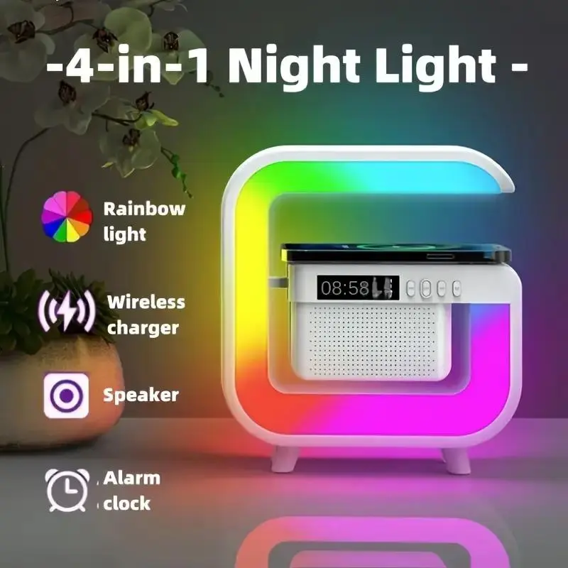 4-In-1 Wireless Charger Cordless Charging with Ambient Light & Bluetooth-compatible Speaker, Multi-Functional LED RGB Environment Lighting, Supports TF Card & USB Drive, Multifunctional Charger