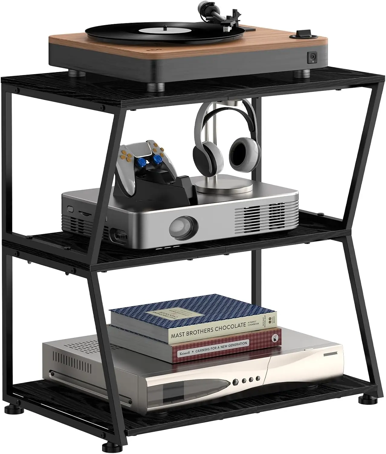 Black 3-Tier Wooden-Metal Home Entertainment Center - AV Media Stand with Corner Storage Shelves, Stereo Racks, DVD/Game Console Holder for Small Spaces, Easy Installation